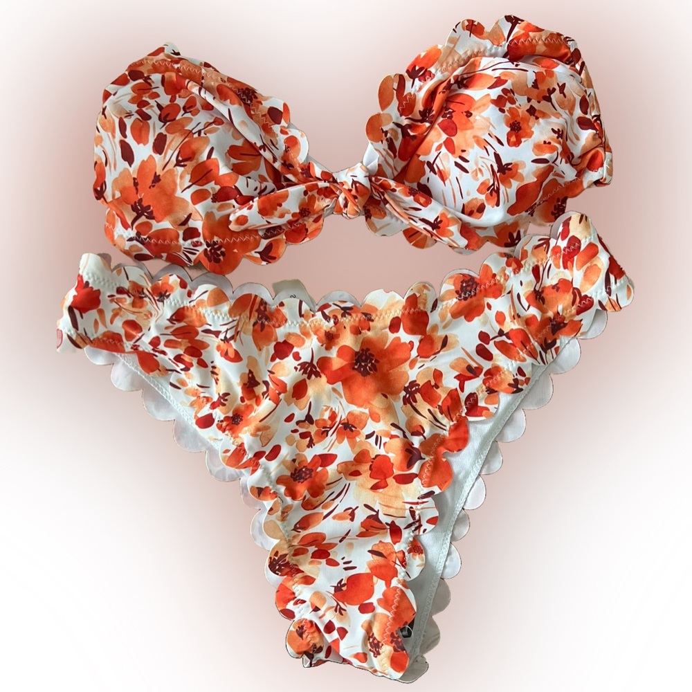 Orange Floral Scallop Trim Bandeau High Waisted Bikini Set - Picture 3 of 7